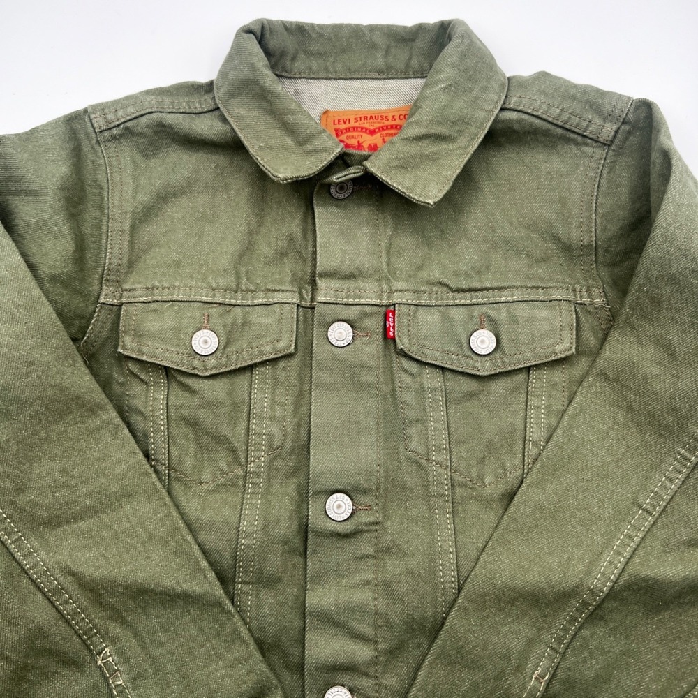 Levi's Boys Trucker Denim Jacket Olive Green Cotton Full Button Large‎ 12-13 YRA
